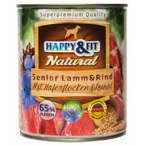 Happy&Fit Natural Dog Konzerv Senior Bárány & Marha Zabliszttel & Lenmagolajjal 800g