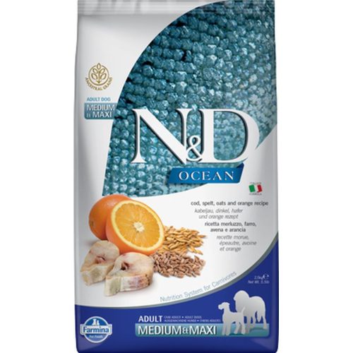 N&D Dog Ocean tőkehal, tönköly, zab & narancs adult medium & maxi 2,5kg