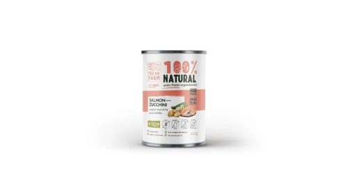 Fresh Farm SALMON with ZUCCHINI, sweet potatoe and HERBS - coarse 800g - darabos konzerv hallal kisállat számára 100% Natural