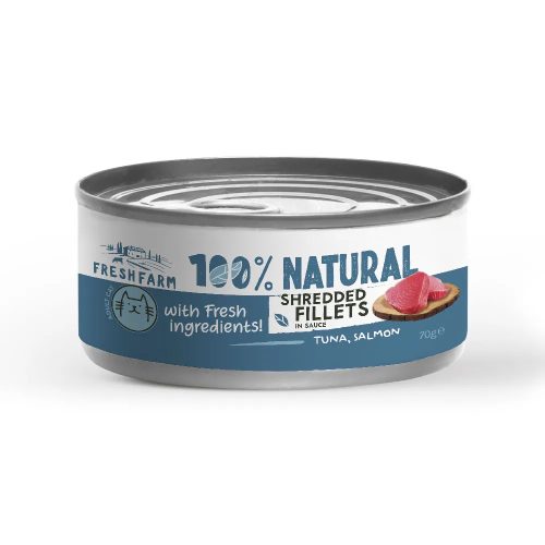 Fresh Farm TUNA, SALMON AND CHICKEN - filets in sauce 70g - szószos filé tonhallal, lazaccal és csirkével macska számára 100% Natural