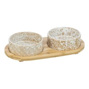   Trixie Tál Bambusz Állványon 2 × 0.3 l/o 12 cm/30 × 6 × 15 cm, fehér/light barna