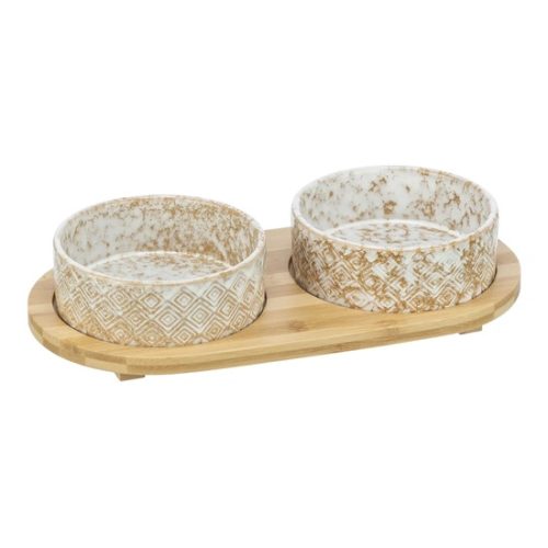 Trixie Tál Bambusz Állványon 2 × 0.3 l/o 12 cm/30 × 6 × 15 cm, fehér/light barna