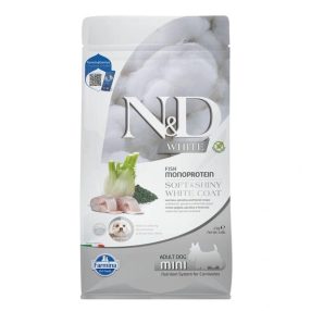   N&D Soft&Shiny White Coat Dog tengeri sügér, spirulina&édeskömény adult mini 2kg
