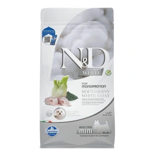 N&D Soft&Shiny White Coat Dog tengeri sügér, spirulina&édeskömény adult mini 2kg