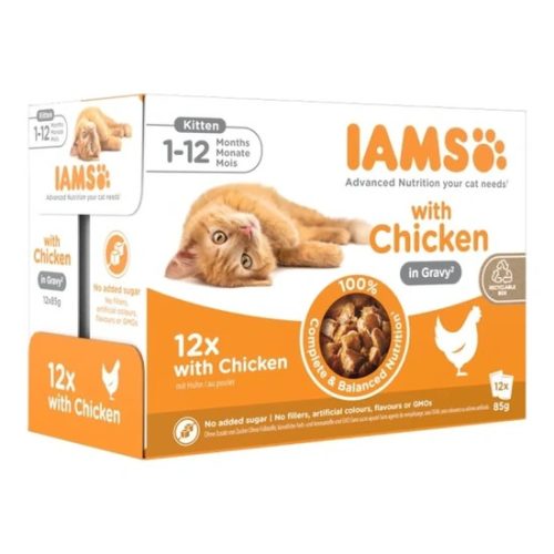 Iams Cat Delights alutasak Kitten & Junior csirke falatkák ízletes szószban, Multipack 12x85g