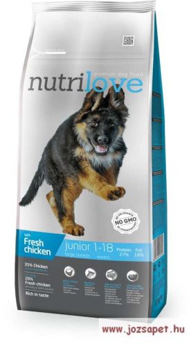 Nutrilove Junior Large kutyatáp 12kg, friss csirkével